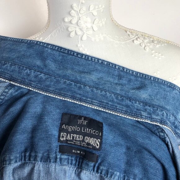 ANGELO LITRICO Mens Blue Denim Shirt Slim Fit Button Down 100% cotton US S 37-38 - Picture 15 of 16